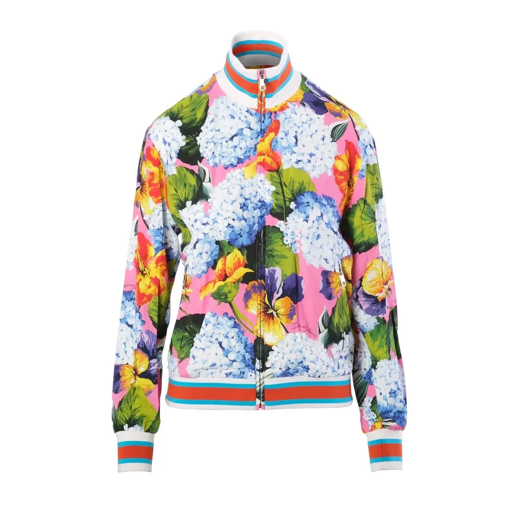 Dolce & Gabbana Pink Floral Print Bomber Jacket - '20s Pink Denim Good - Front View
