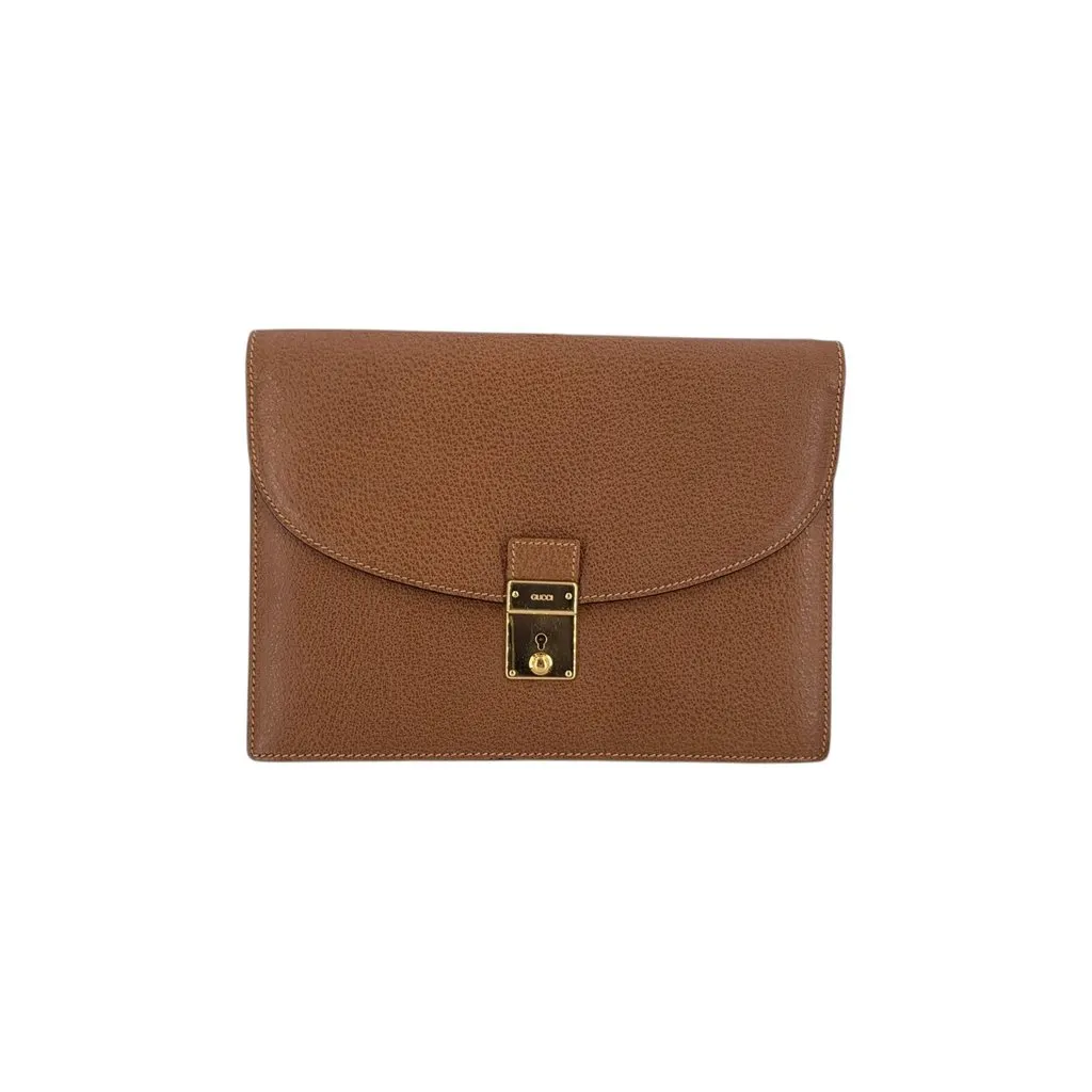 Gucci Clutch Bag Vintage Key Lock Clutch Brown Leather Good - Front View