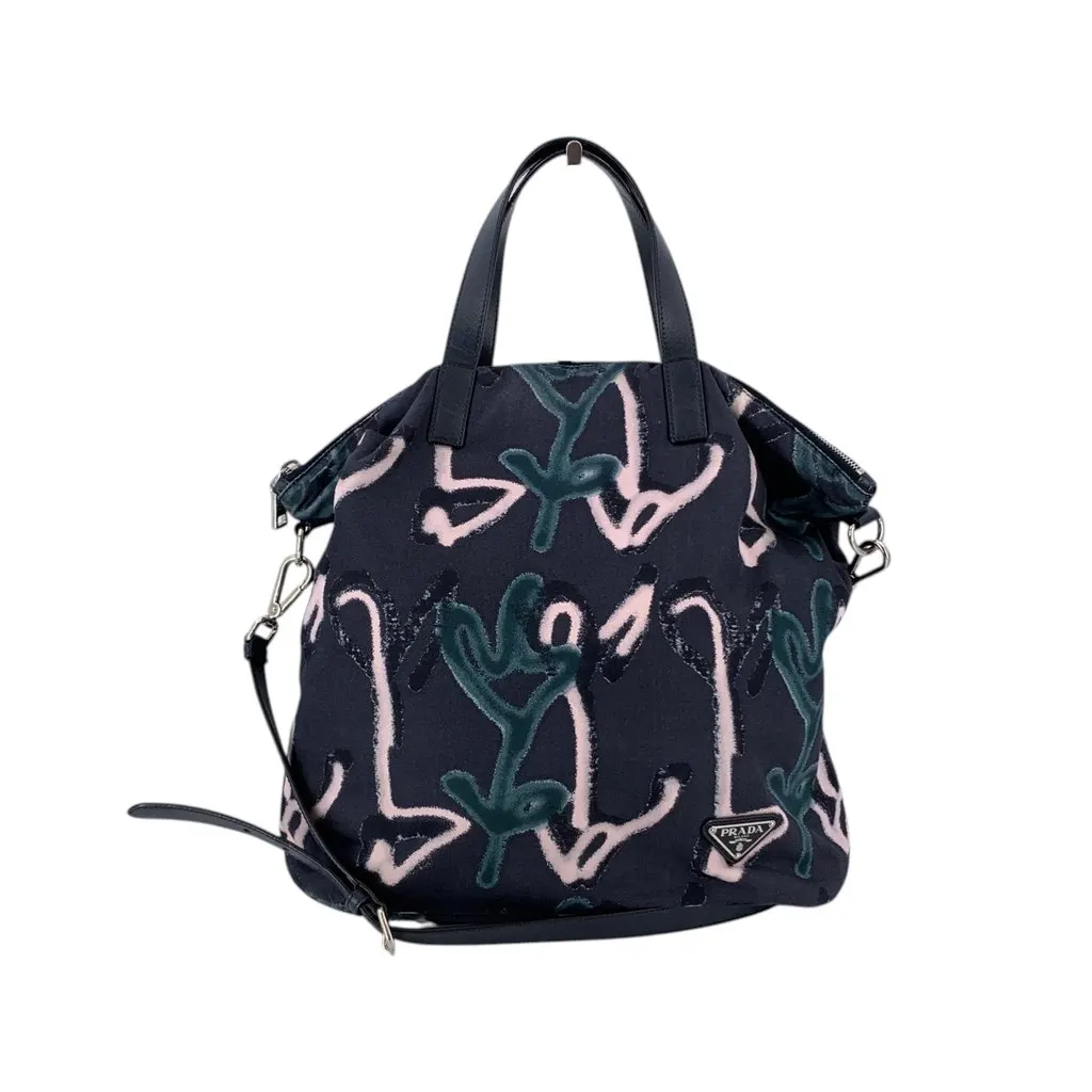 Prada Tote Bag Tessuto Stampato Collection Black Polyamide Good - Front View