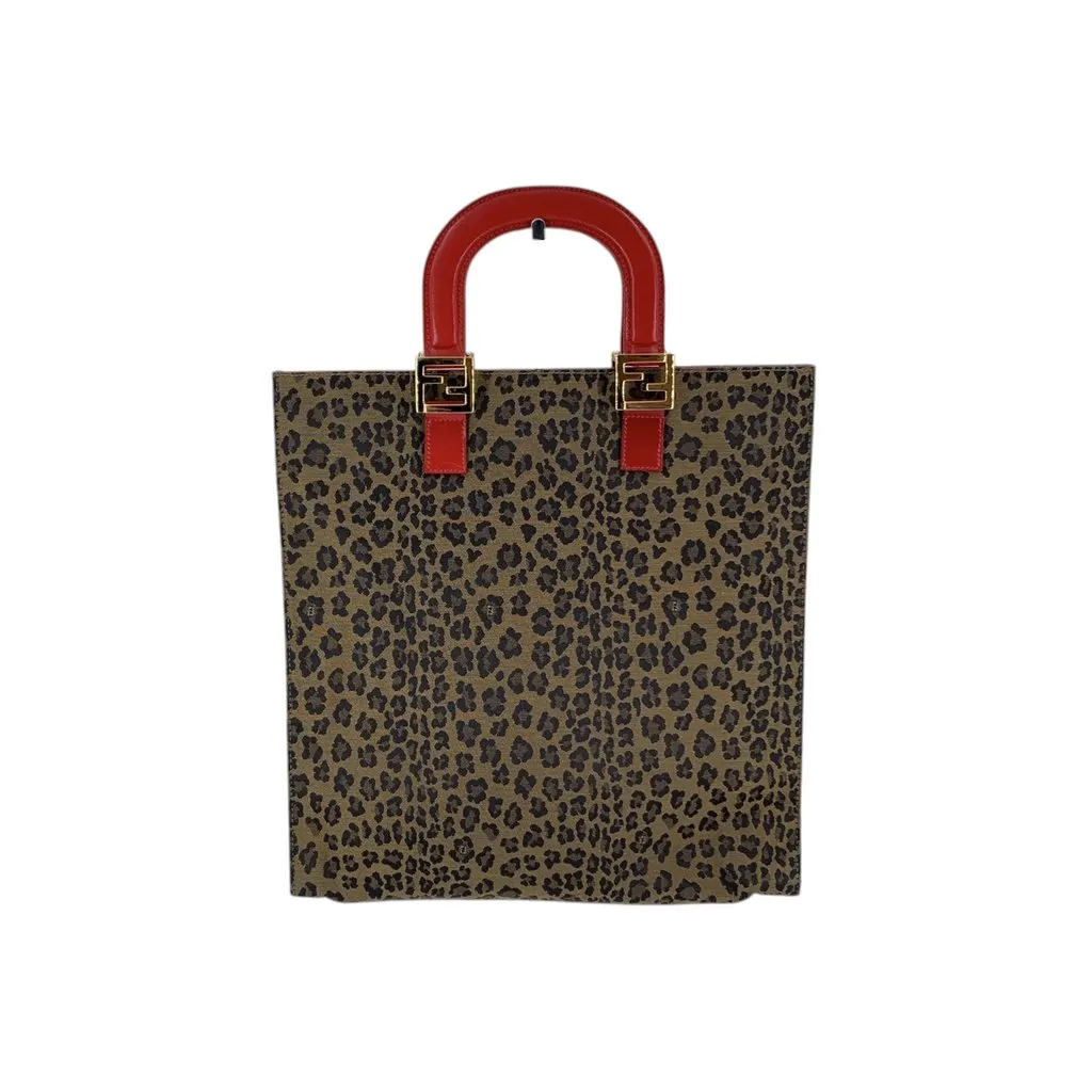 Fendi Handbag Vintage Leopard Red Canvas Good - Inside View