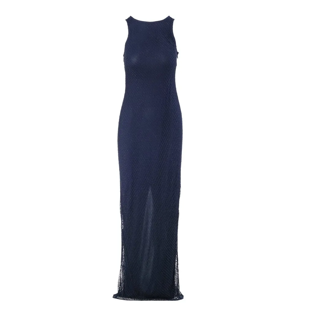 Ralph Lauren Navy Beaded Mesh Cross-Back Gown - '20s