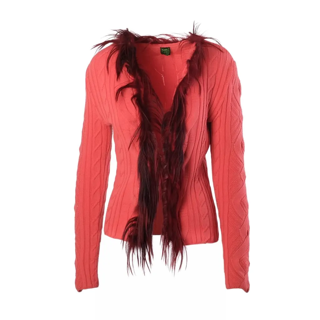 Unsigned Kape Land Coral Cable-Knit Cardigan with Burgundy Feather Trim - '90s