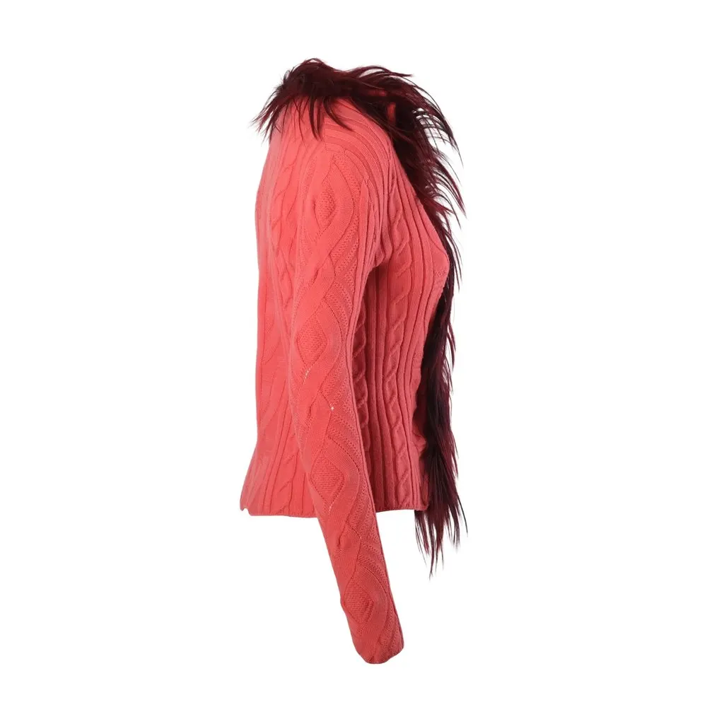 Unsigned Kape Land Coral Cable-Knit Cardigan with Burgundy Feather Trim - '90s Burgundy Wool Good - Back View