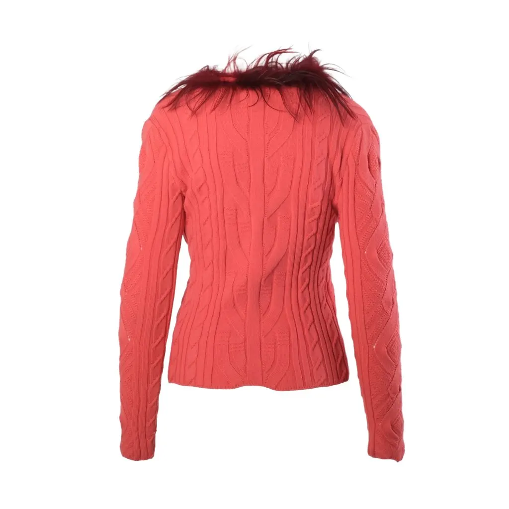 Unsigned Kape Land Coral Cable-Knit Cardigan with Burgundy Feather Trim - '90s Burgundy Wool Good - Inside View