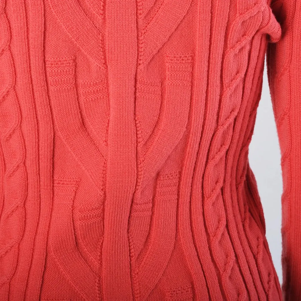 Unsigned Kape Land Coral Cable-Knit Cardigan with Burgundy Feather Trim - '90s Burgundy Wool Good - Model View