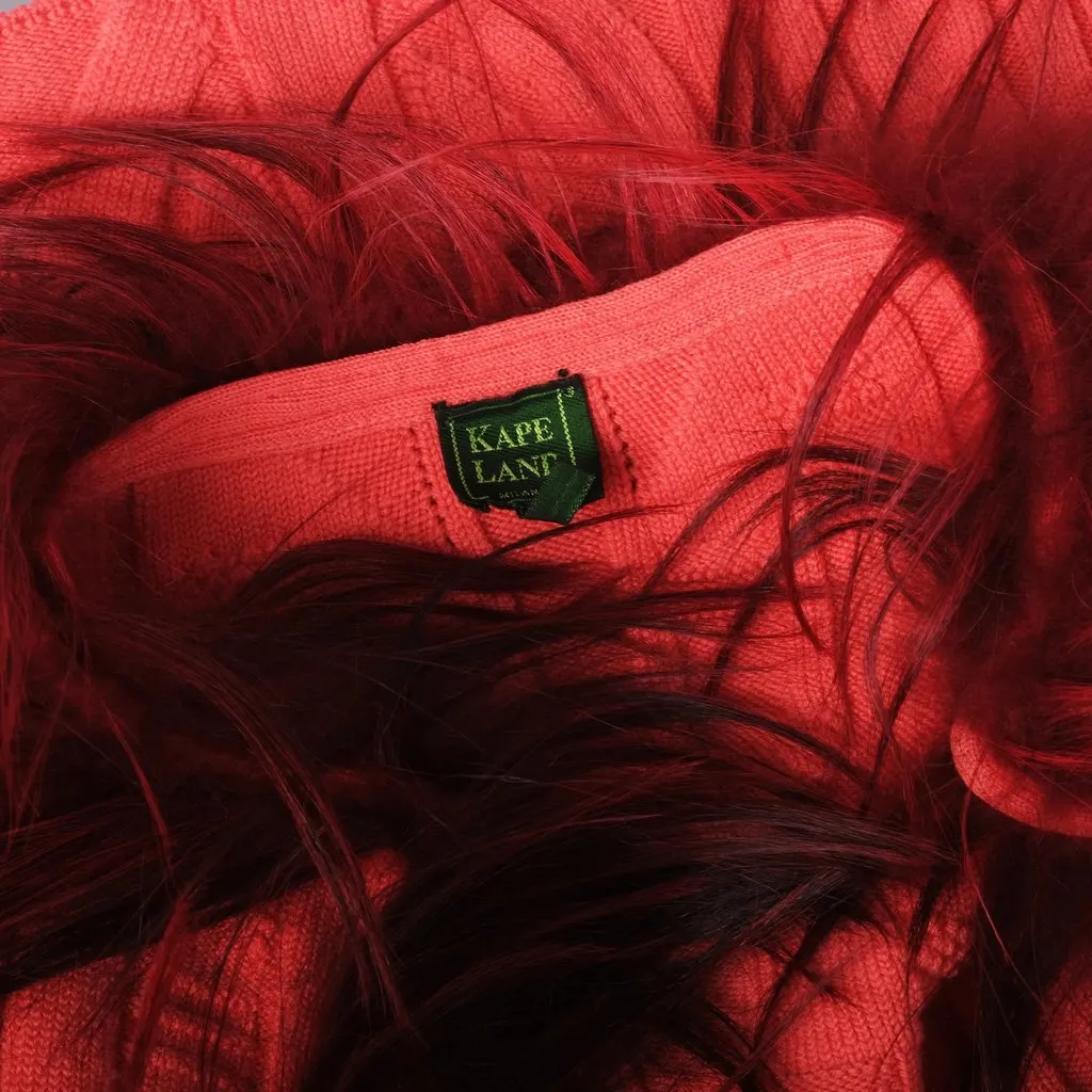 Unsigned Kape Land Coral Cable-Knit Cardigan with Burgundy Feather Trim - '90s Burgundy Wool Good - Box View
