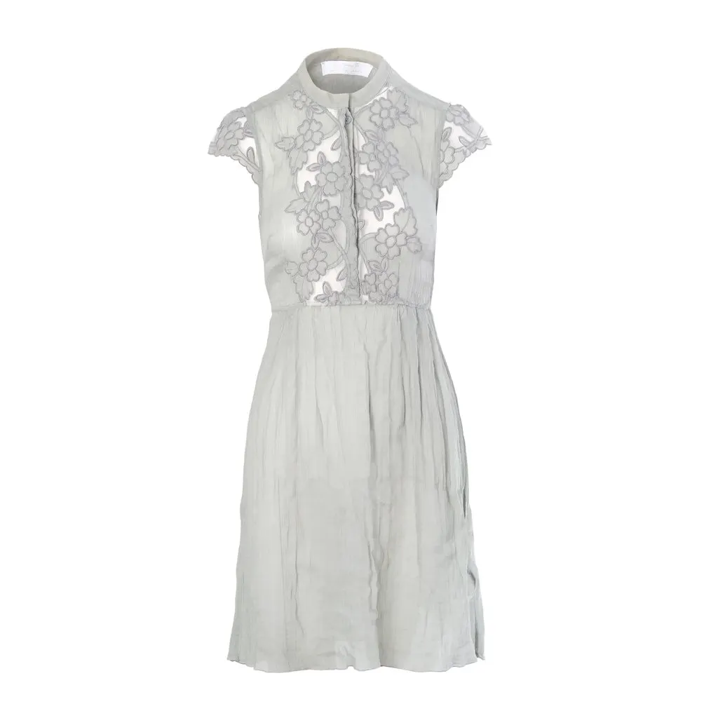Unsigned Kristina Ti Sage Grey Embroidered Cotton and Silk Dress - '10s