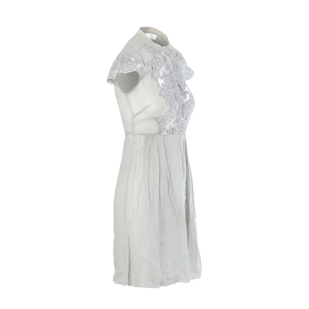 Unsigned Kristina Ti Sage Grey Embroidered Cotton and Silk Dress - '10s Grey Cotton Good - Back View