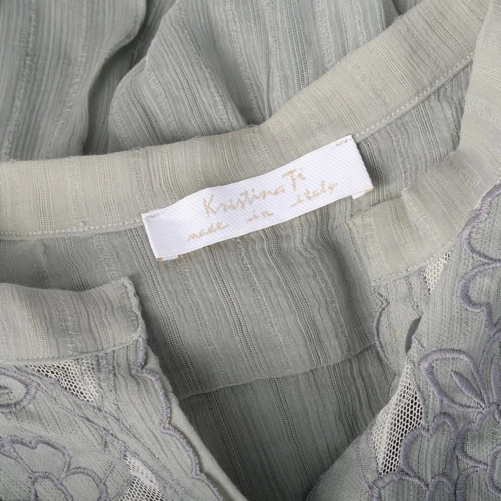 Unsigned Kristina Ti Sage Grey Embroidered Cotton and Silk Dress - '10s Grey Cotton Good - Model View