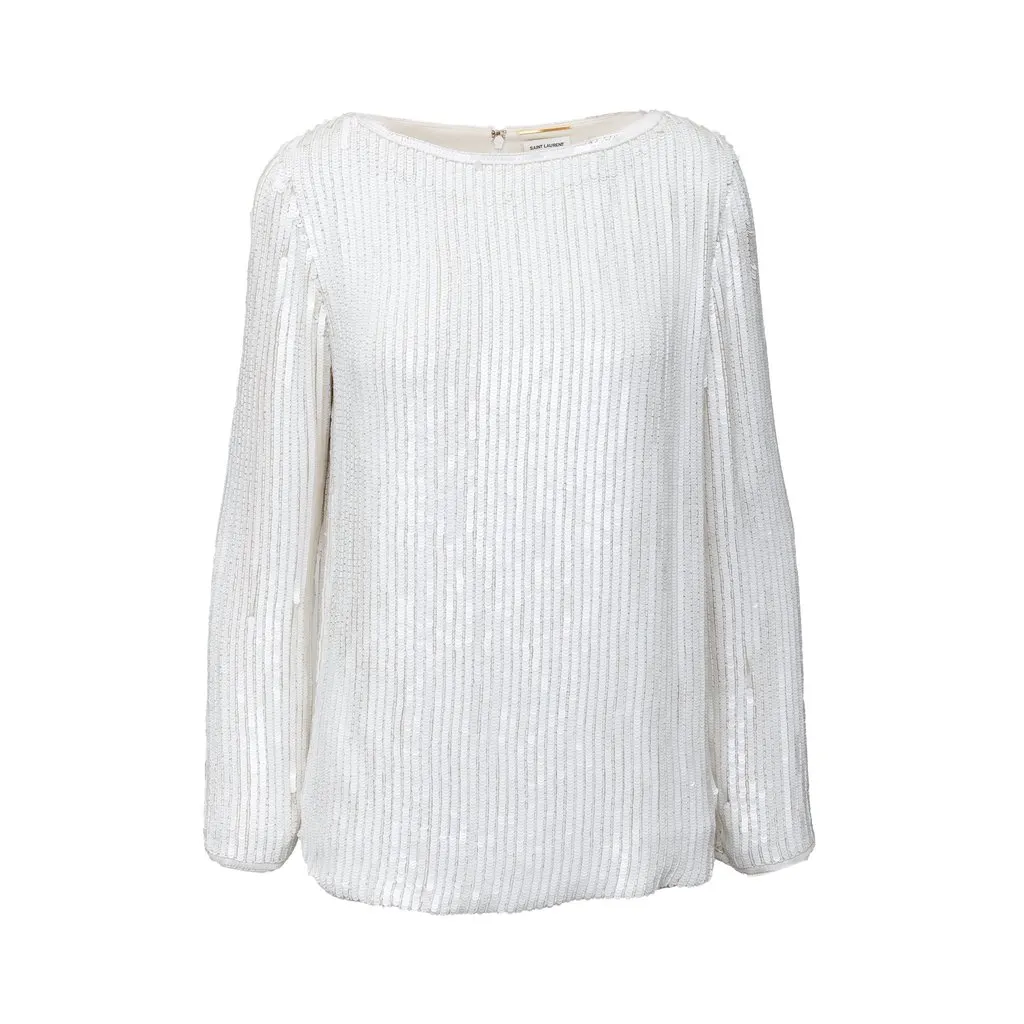 Yves Saint Laurent Sequined Blouse - '00s White Silk Good - Front View