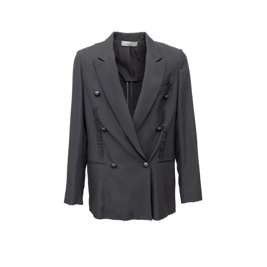 Unsigned Double-Breasted Blazer - '10s Black Wool Good - Front View