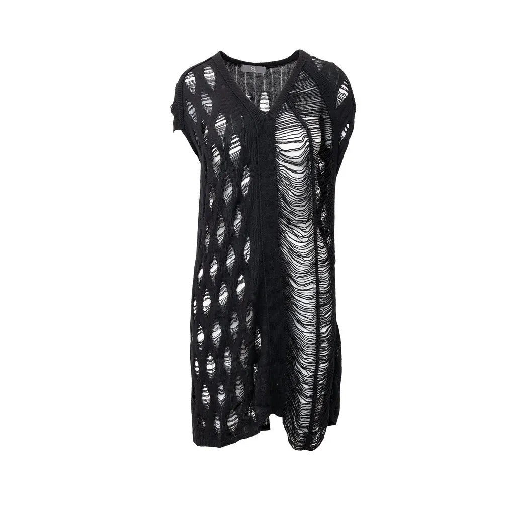 Alexander McQueen Destroyed T-Shirt - '10s Black Wool Good - Front View