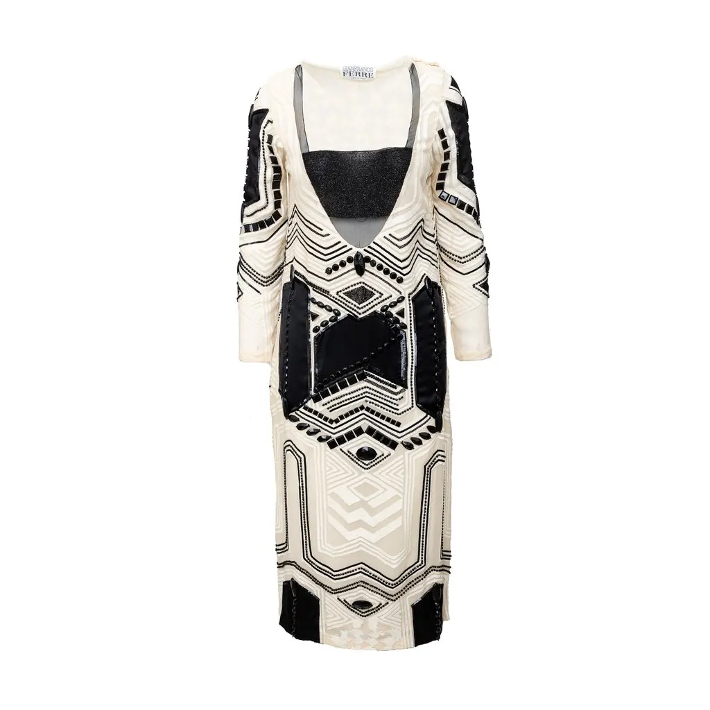 Gianfranco Ferré Beaded Long Sleeve Dress - '90s MultiColor Silk Good - Front View