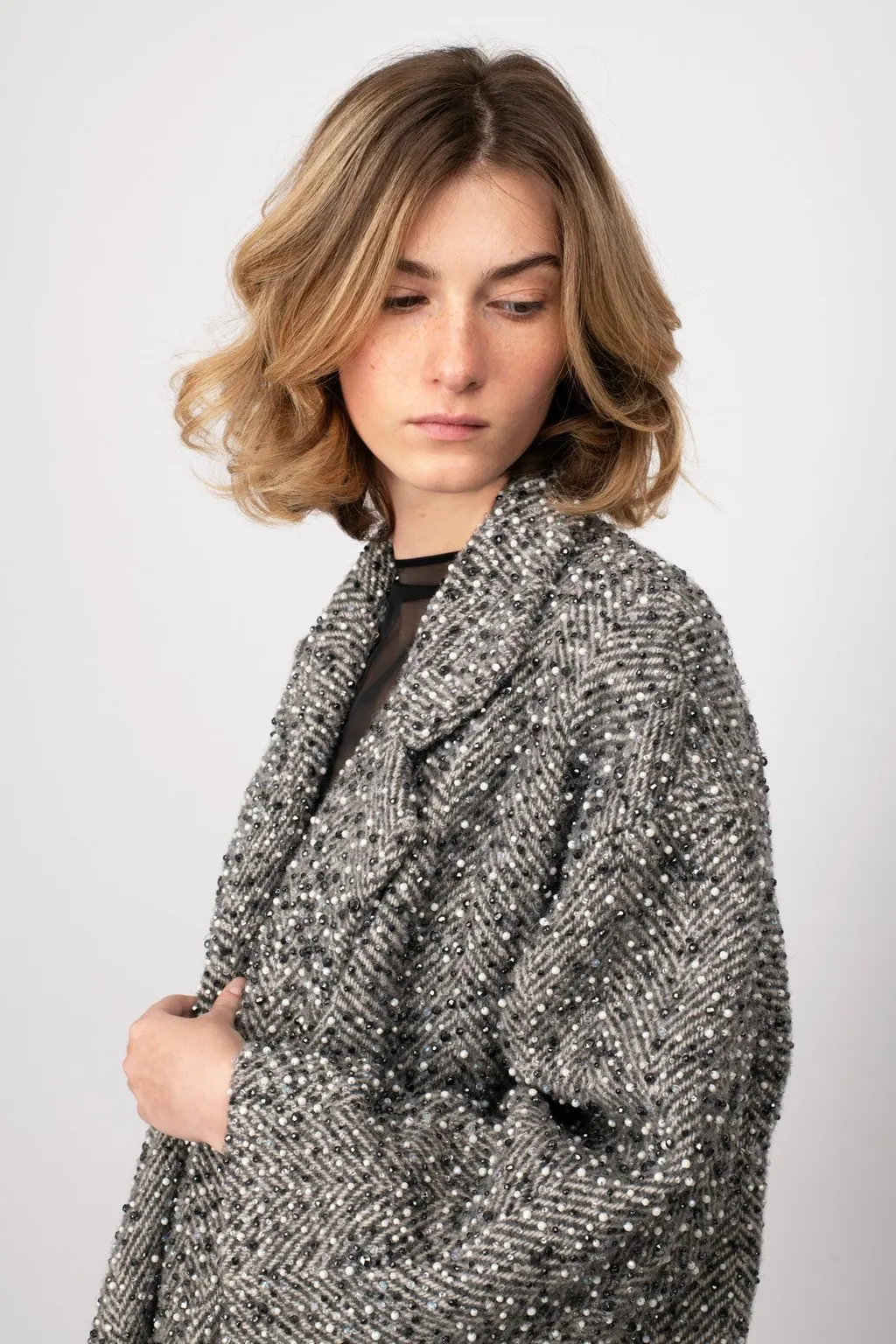 Gianfranco Ferre Herringbone Coat - '80s Grey Wool Good - Back View