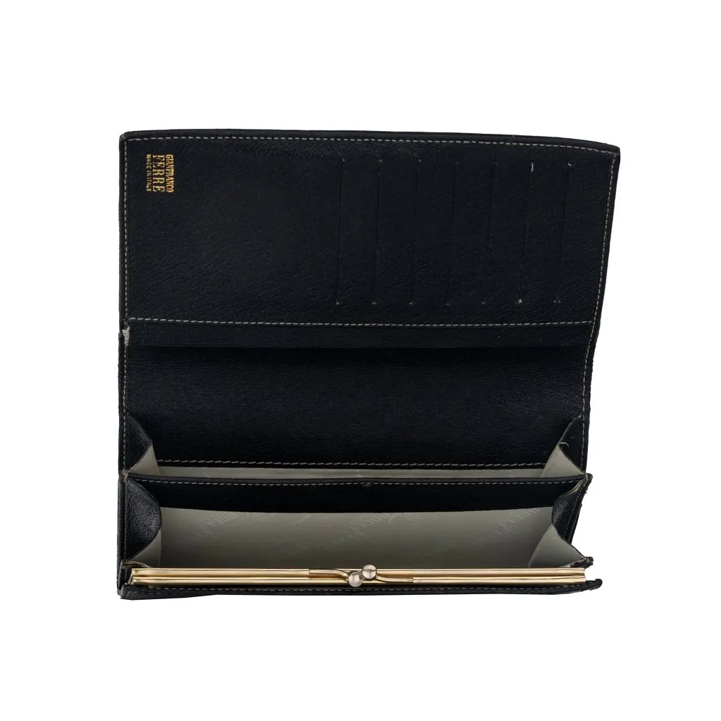 Gianfranco Ferré Black Crocodile Wallet - '70s Black Leather Good - Inside View