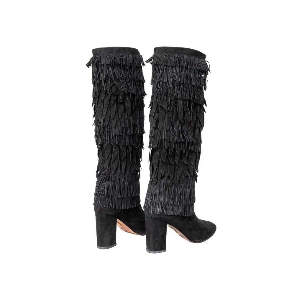 Aquazzura Fringed Boots - '10s Black Suede Good - Back View