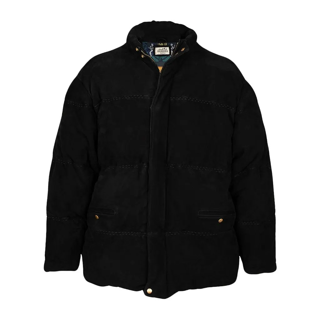 Hermès Suede Puffer Coat - '90s Black Suede Good - Front View