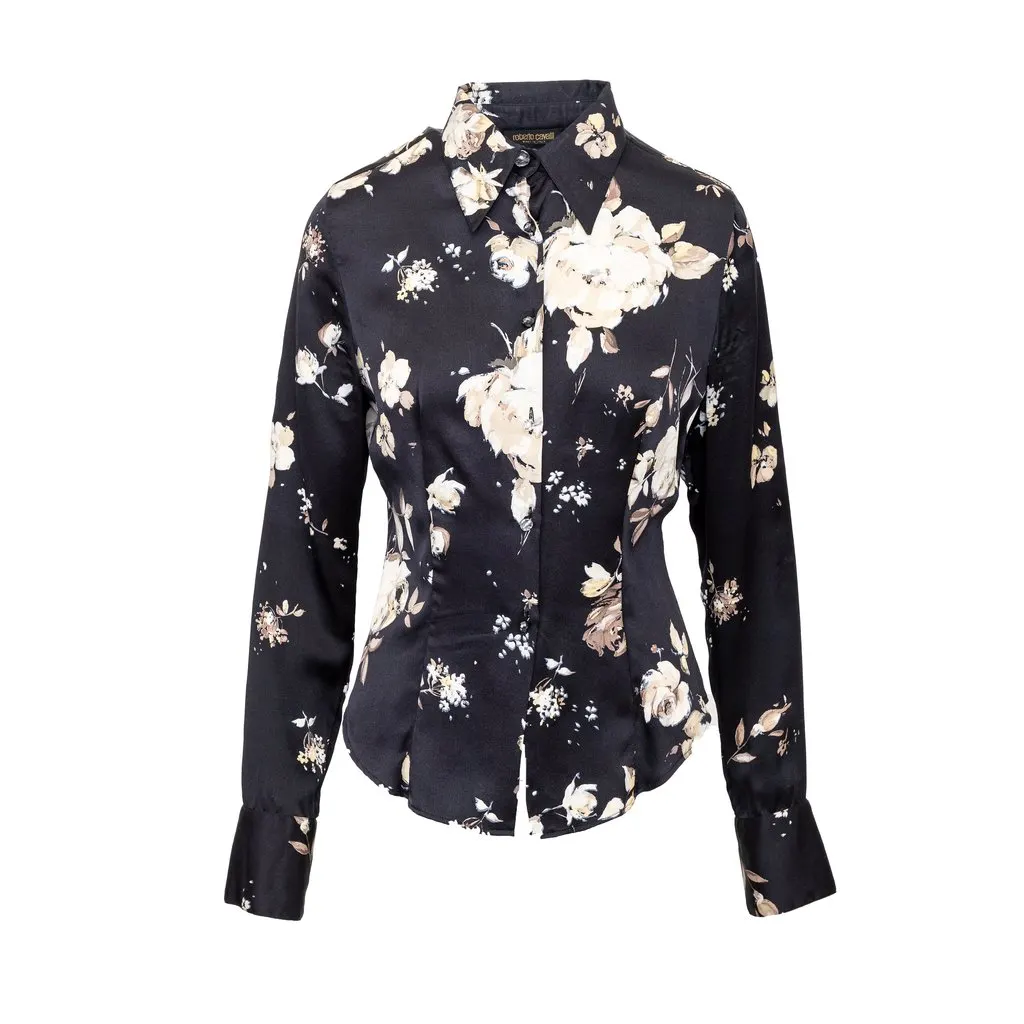 Roberto Cavalli Flower Printed Shirt - '00s Black Silk Good - Front View