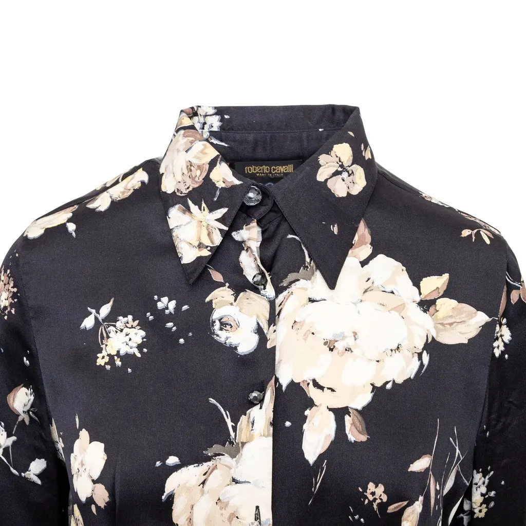 Roberto Cavalli Flower Printed Shirt - '00s Black Silk Good - Inside View