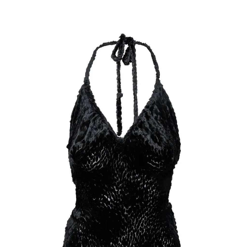Vivienne Westwood Label Faux Fur Halter Dress - '90s Gold Silk Good - Inside View