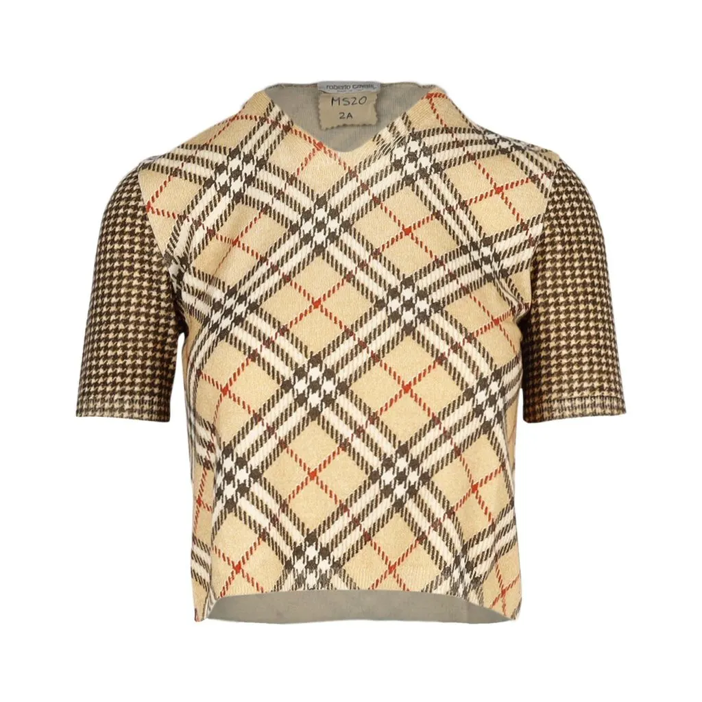 Roberto Cavalli Plaid Blouse with Houndstooth Sleeves- '10s Brown Good - Front View
