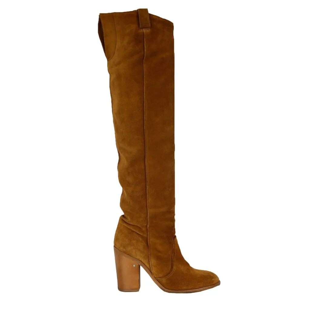 Unsigned Suede Over the Knee Light Brown Boots - '20s Brown Suede Good - Front View