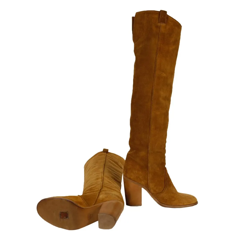 Unsigned Suede Over the Knee Light Brown Boots - '20s Brown Suede Good - Model View