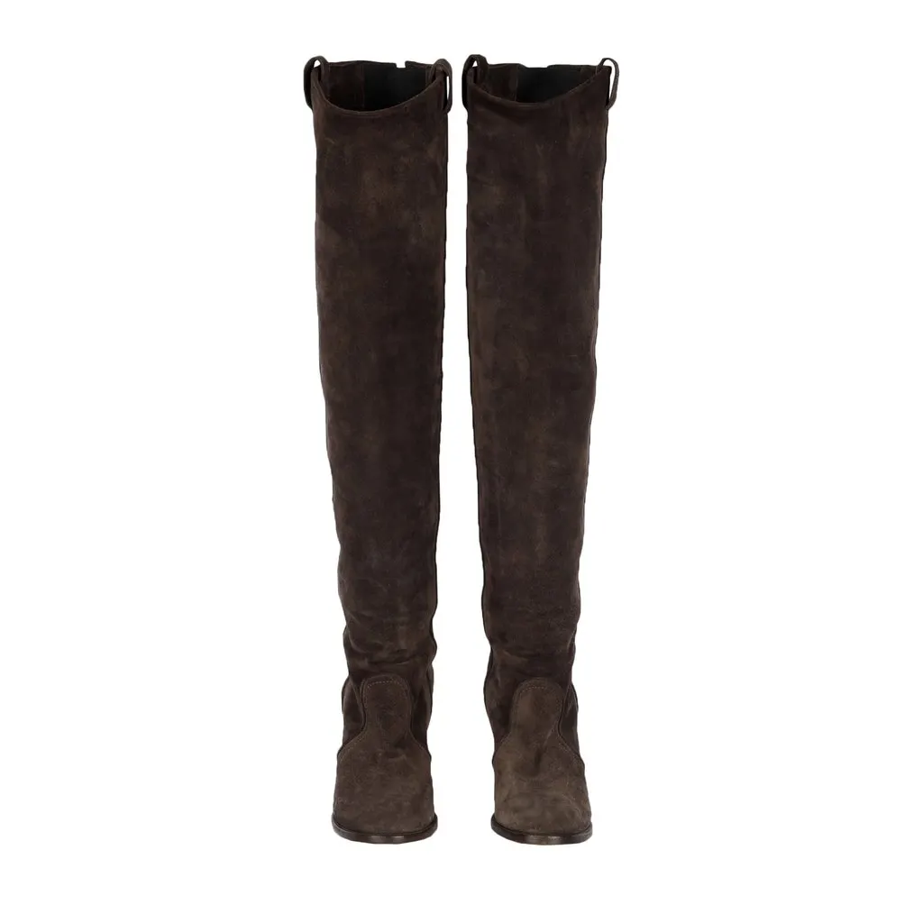Unsigned Suede Over the Knee Dark Brown Boots - '20s Brown Suede Good - Back View