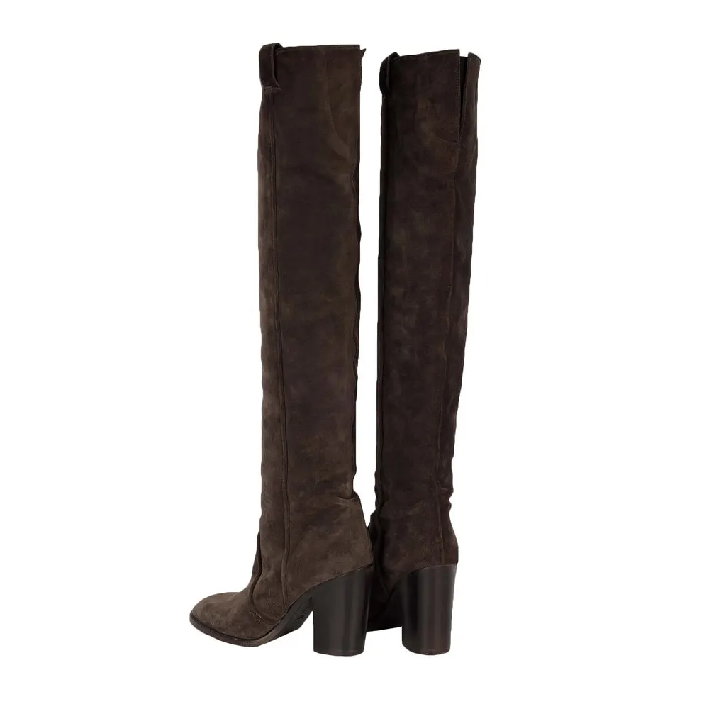 Unsigned Suede Over the Knee Dark Brown Boots - '20s Brown Suede Good - Inside View