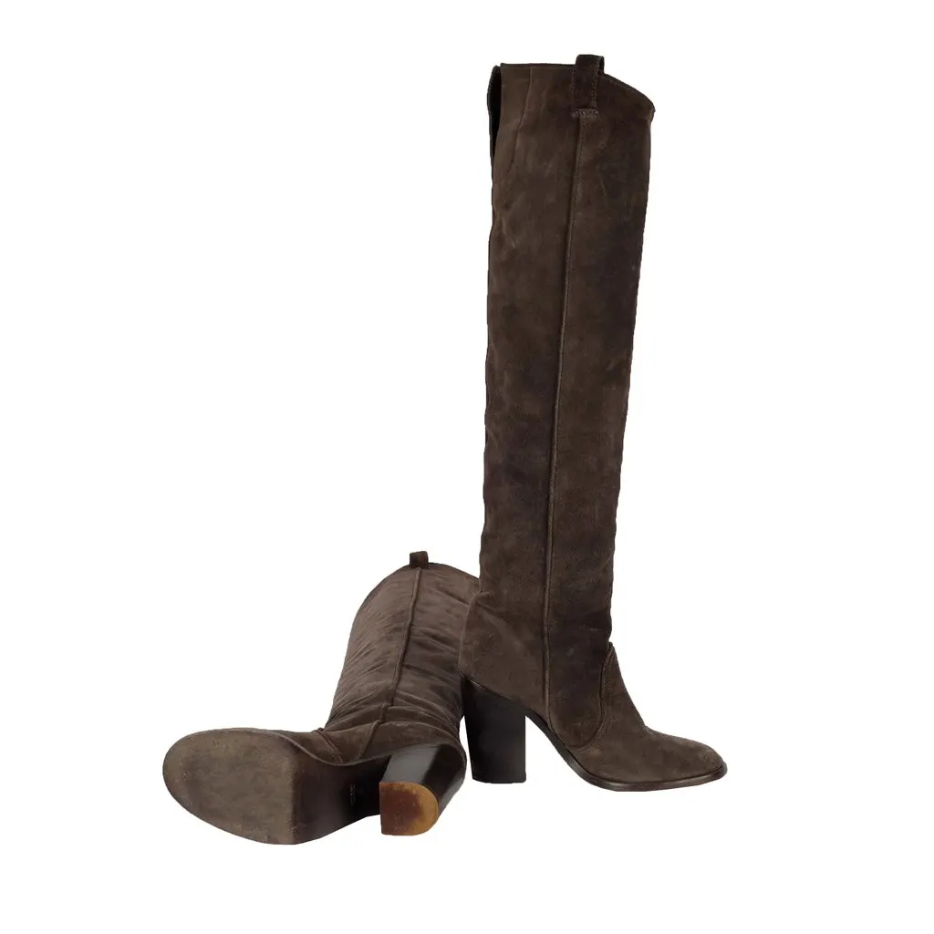 Unsigned Suede Over the Knee Dark Brown Boots - '20s Brown Suede Good - Model View