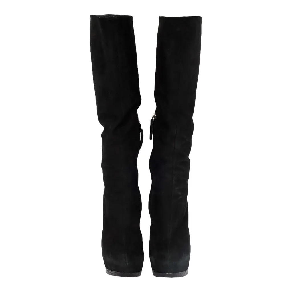 Giuseppe Zanotti Black Suede Boots with Animal Print Heels - '20s Black Suede Good - Inside View