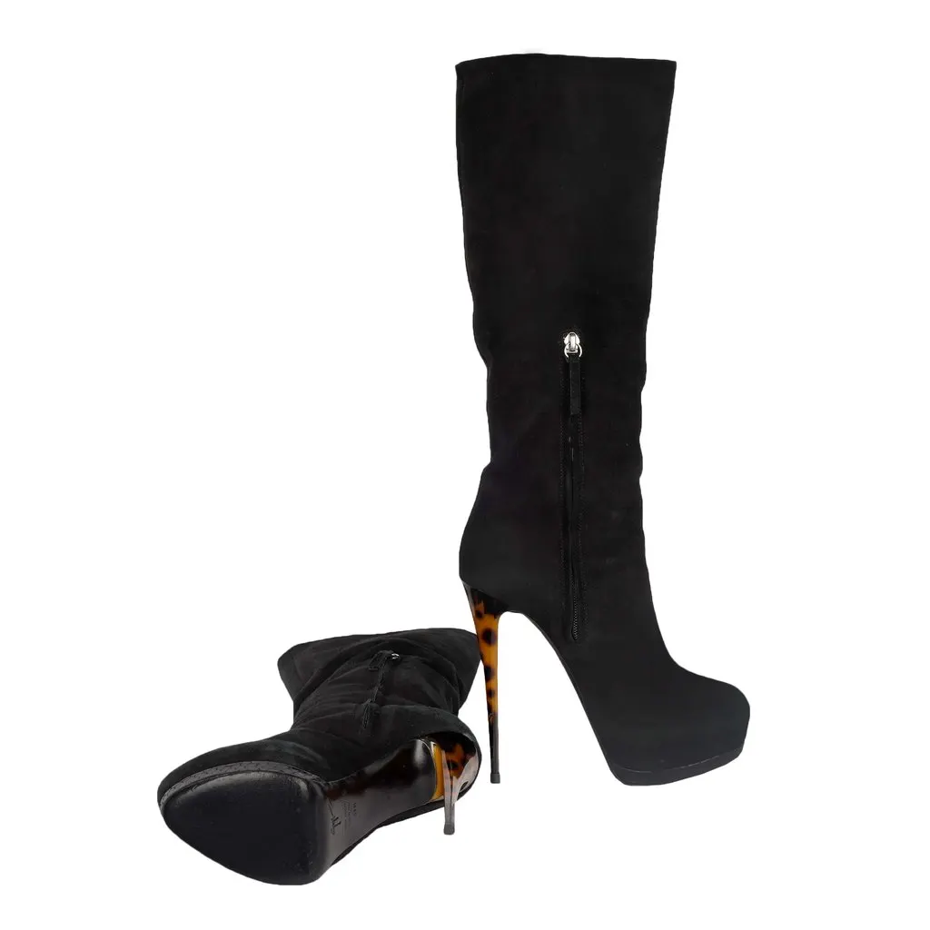 Giuseppe Zanotti Black Suede Boots with Animal Print Heels - '20s Black Suede Good - Model View