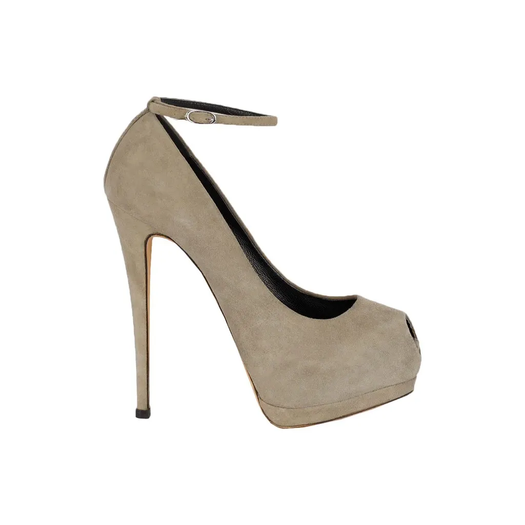 Giuseppe Zanotti Taupe Suede Platform Pumps with Ankle Closure - '20s Red Suede Good - Front View