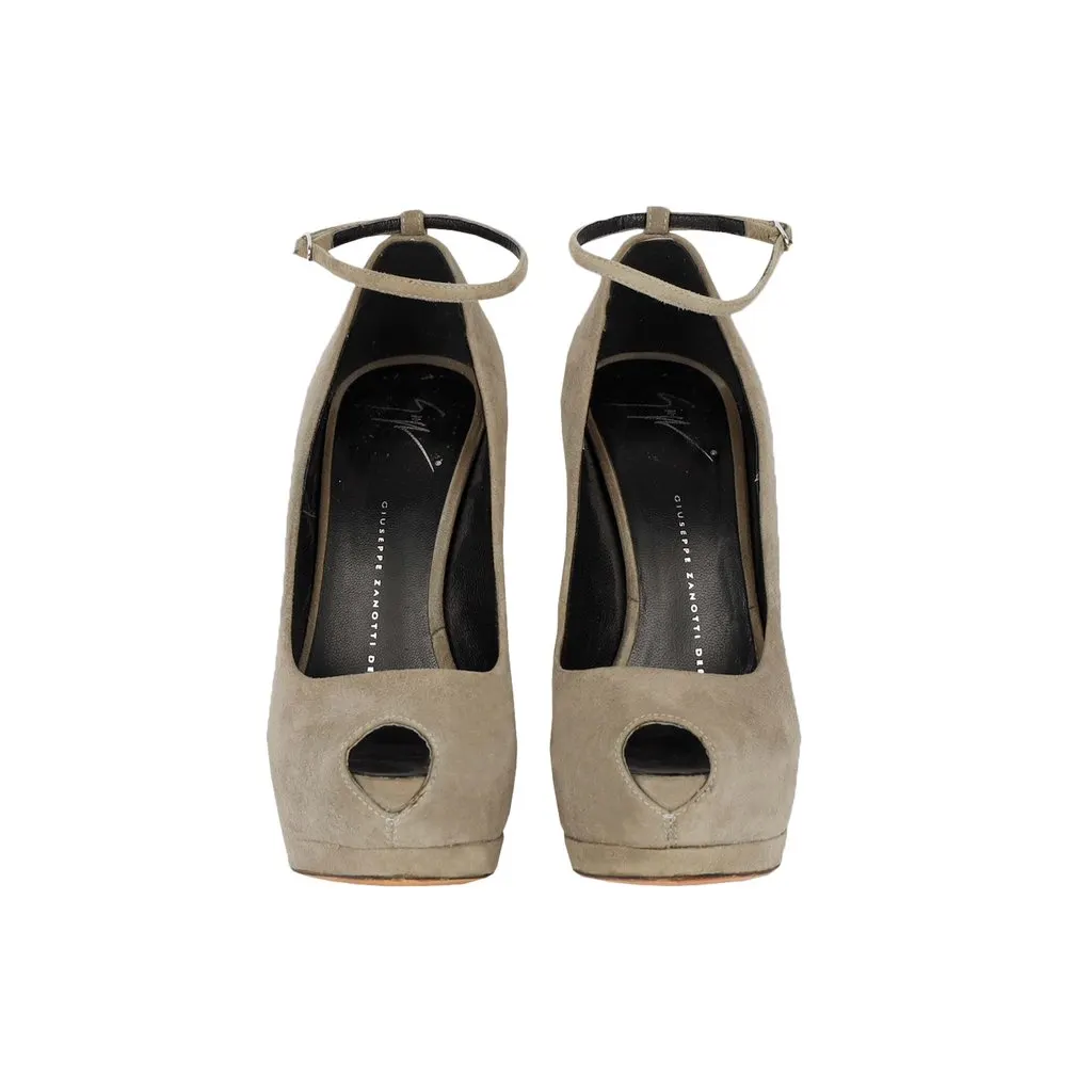 Giuseppe Zanotti Taupe Suede Platform Pumps with Ankle Closure - '20s Red Suede Good - Back View