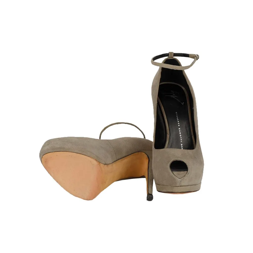 Giuseppe Zanotti Taupe Suede Platform Pumps with Ankle Closure - '20s Red Suede Good - Model View