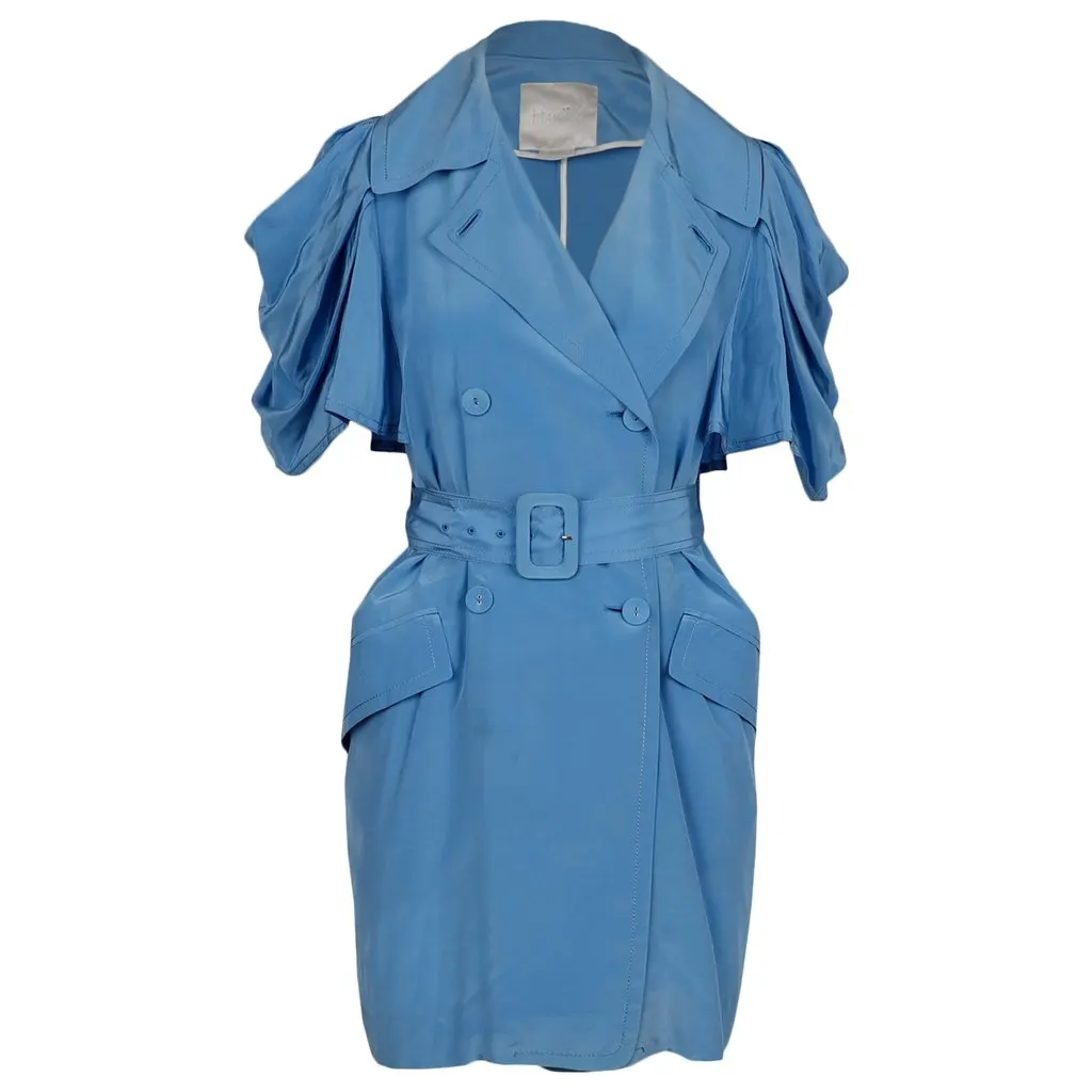Hanii Y Blue Silk Double-Breasted Dress - '00s Blue Silk Good - Back View