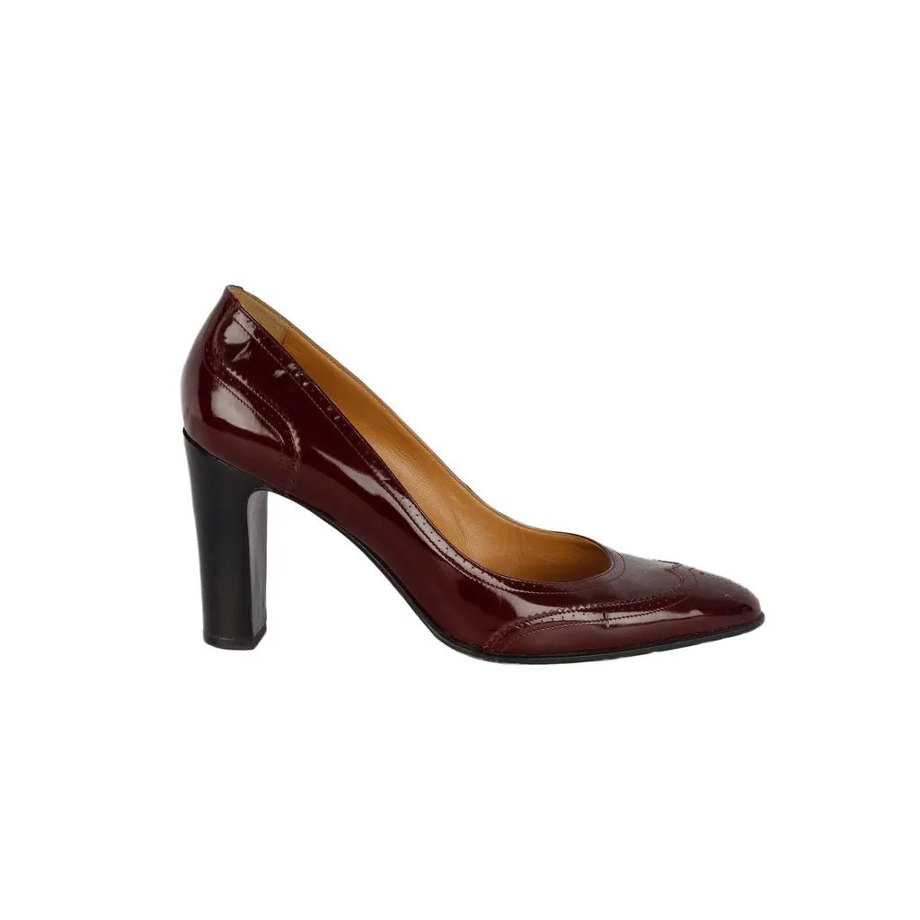 Hermès Patent Brogue Pumps - '10s Burgundy Leather Good - Front View