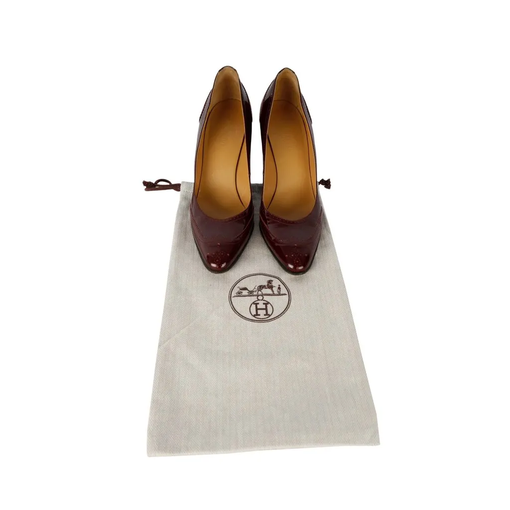 Hermès Patent Brogue Pumps - '10s Burgundy Leather Good - Box View