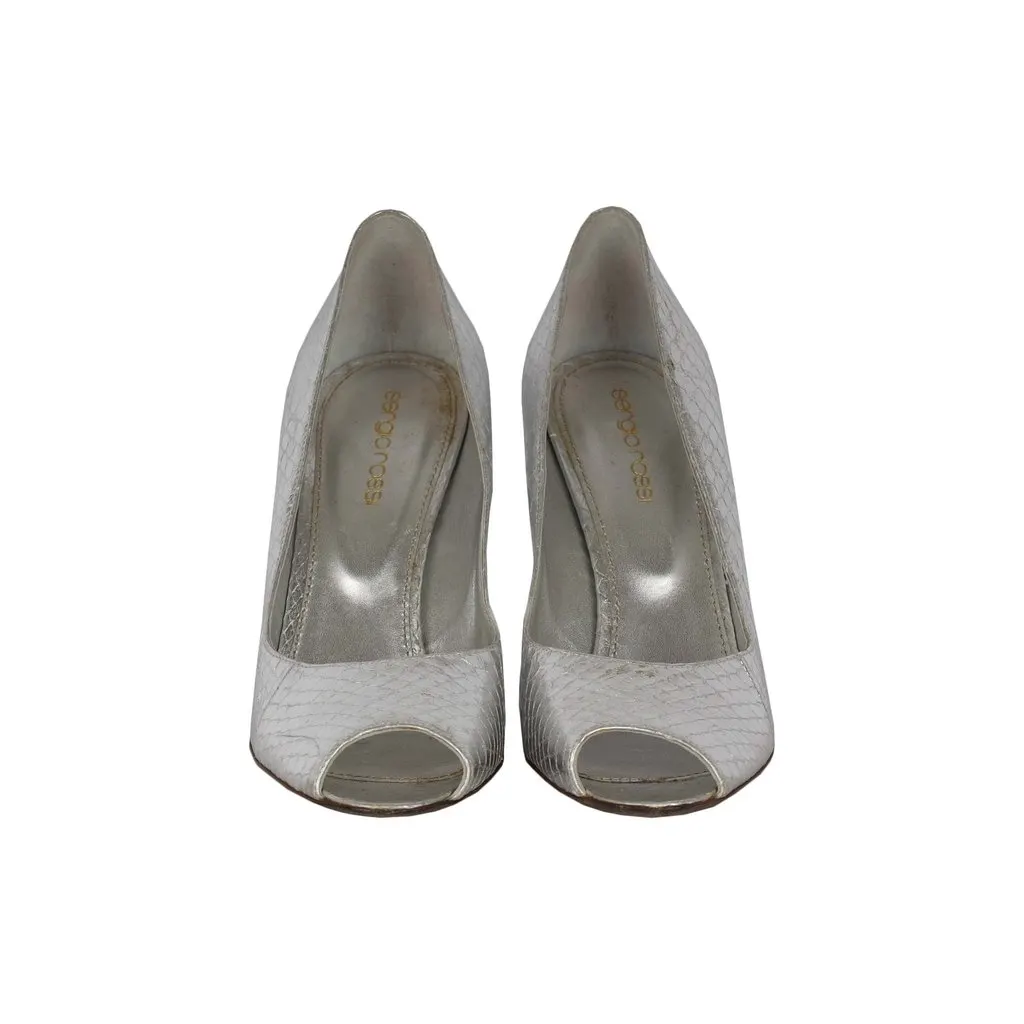 Sergio Rossi Silver Snake Effect Peeptoe Heels - '10s Silver Good - Back View