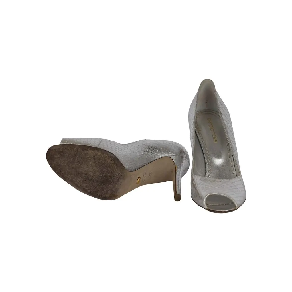 Sergio Rossi Silver Snake Effect Peeptoe Heels - '10s Silver Good - Model View