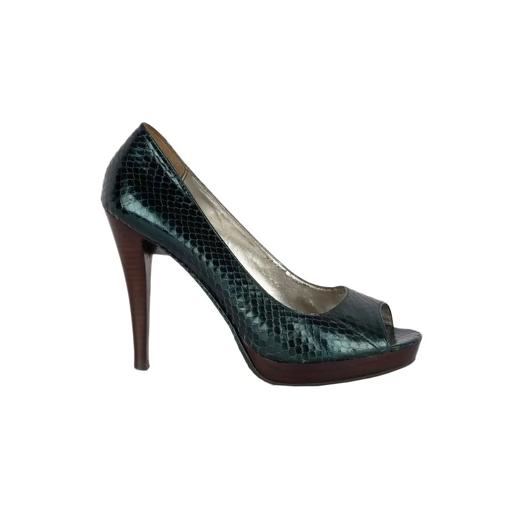 Calvin Klein Python Peep-Toe Shoes - '10s Brown Canvas Good - Front View