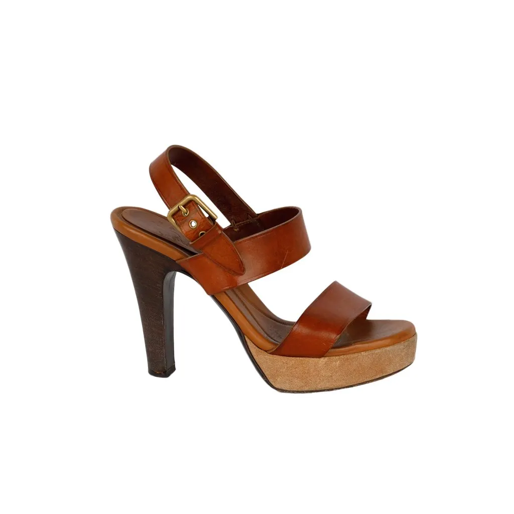 Saint Laurent Brown Leather Strap Platform Heels - '10s Brown Leather Good - Front View