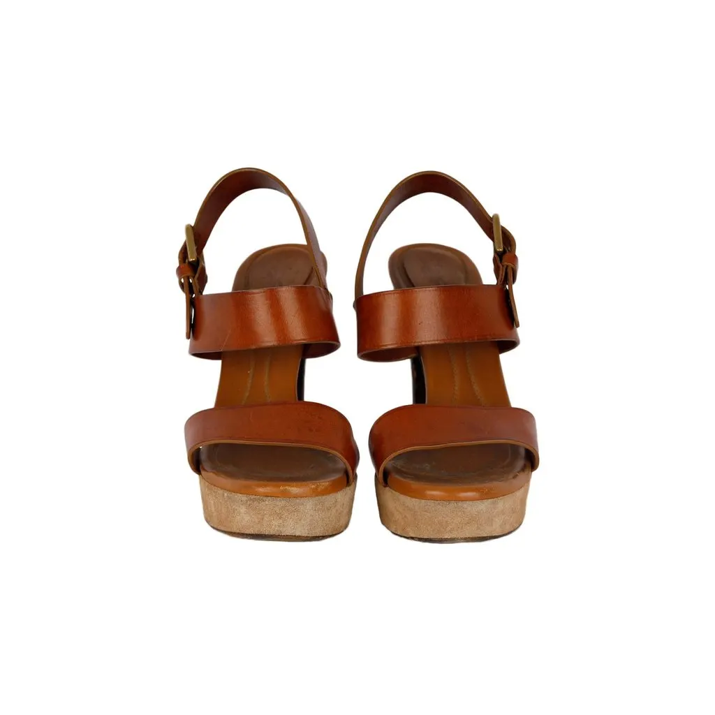 Saint Laurent Brown Leather Strap Platform Heels - '10s Brown Leather Good - Back View