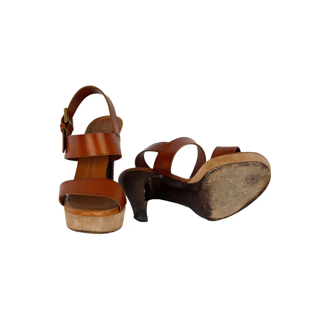 Saint Laurent Brown Leather Strap Platform Heels - '10s Brown Leather Good - Model View