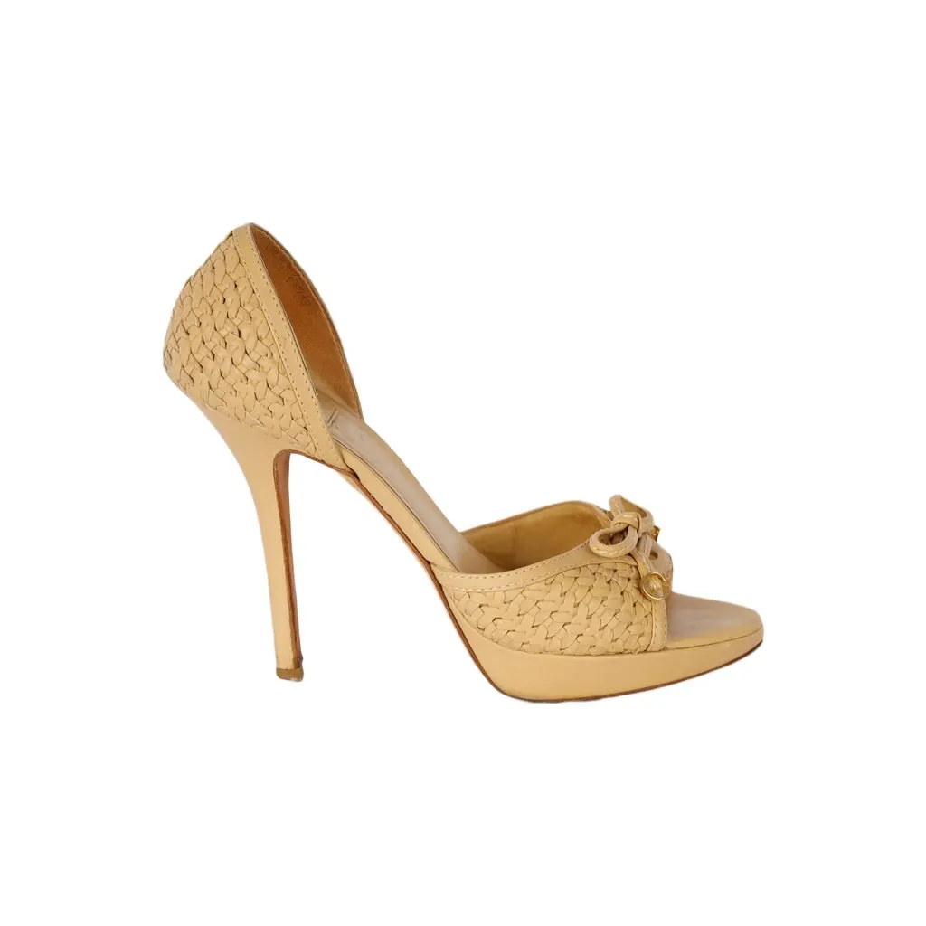 Dior Beige Leather Peeptoe Heels with Bow - '10s Beige Leather Good - Front View