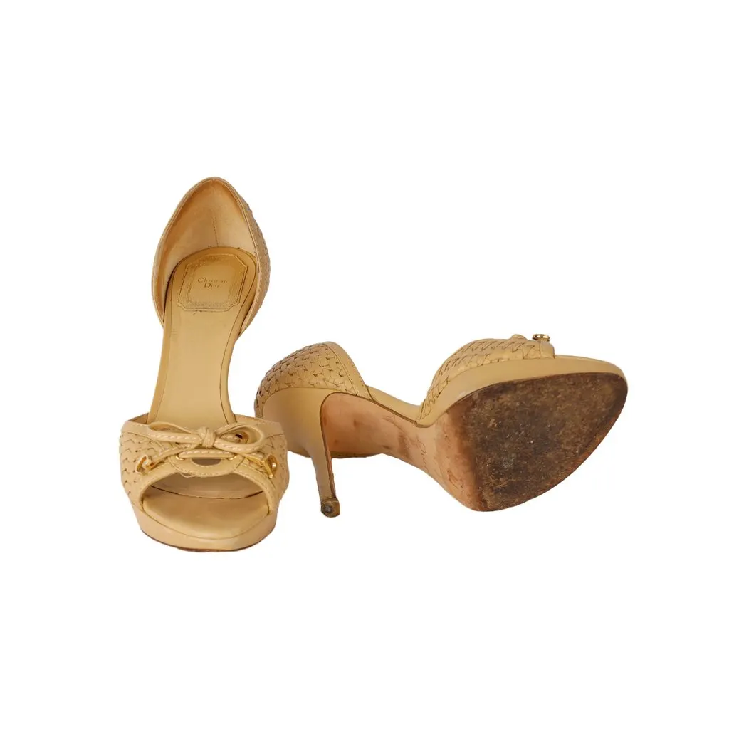 Dior Beige Leather Peeptoe Heels with Bow - '10s Beige Leather Good - Model View