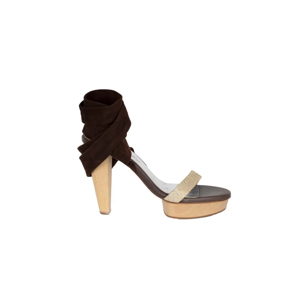 Unsigned Suede and Snakeskin Lace-up Heels - '10s Brown Suede Good - Front View