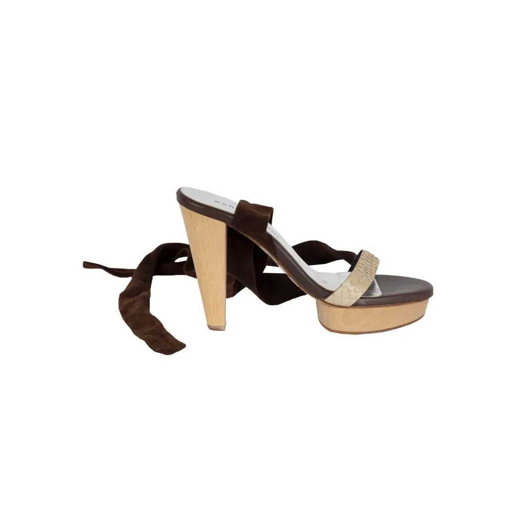 Unsigned Suede and Snakeskin Lace-up Heels - '10s Brown Suede Good - Back View