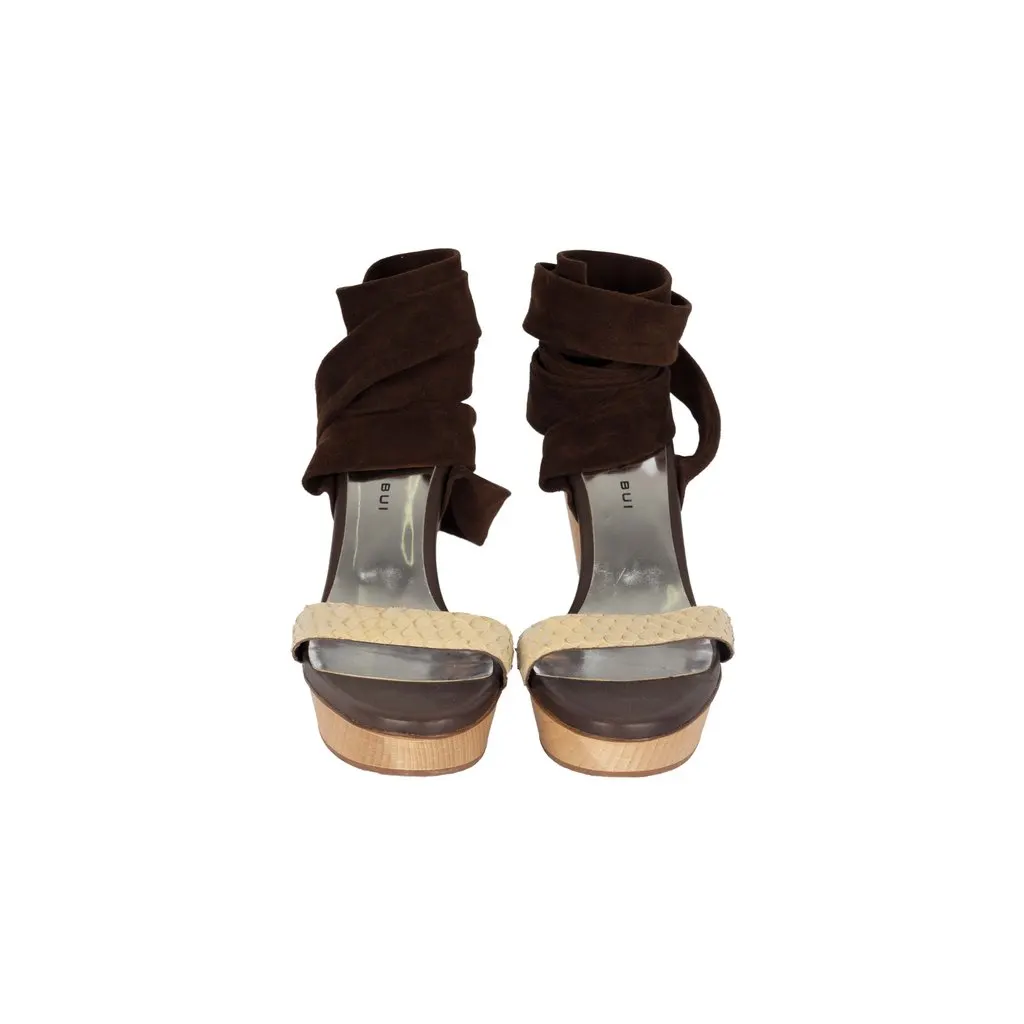 Unsigned Suede and Snakeskin Lace-up Heels - '10s Brown Suede Good - Inside View