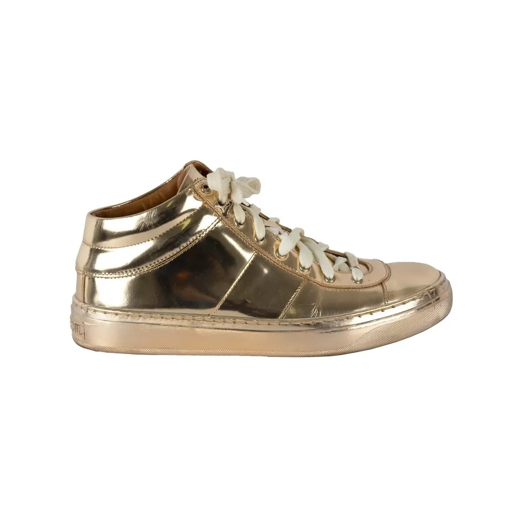 Jimmy Choo Belgravia Metallic Gold Sneakers - '10s Gold Lace Good - Front View